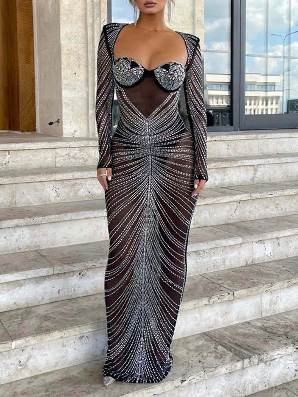 Black Mesh Rhinestone Embellished Deep V-Neck Cup Detail Bodycon Maxi Dress