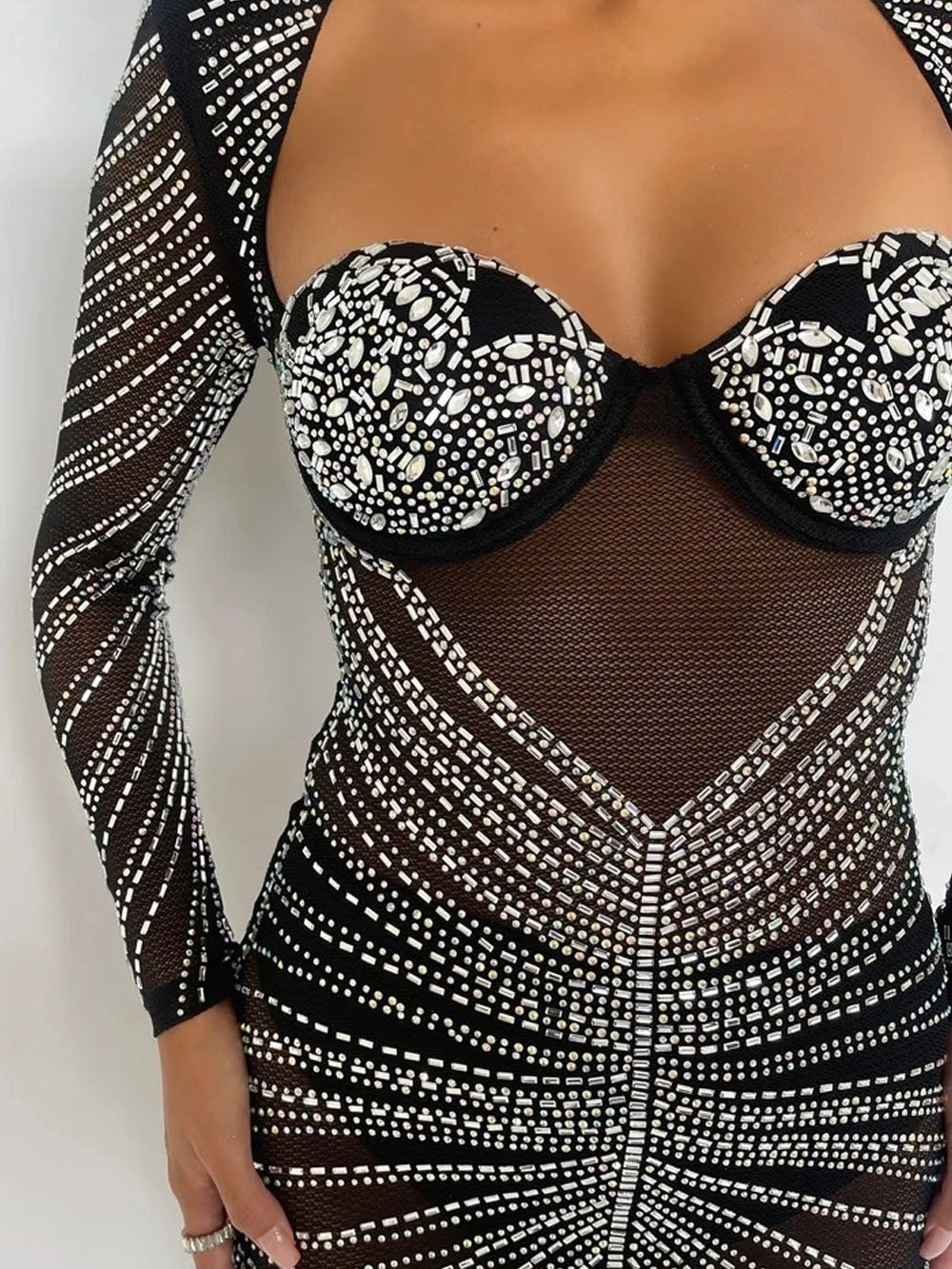 Black Mesh Rhinestone Embellished Deep V-Neck Cup Detail Bodycon Maxi Dress