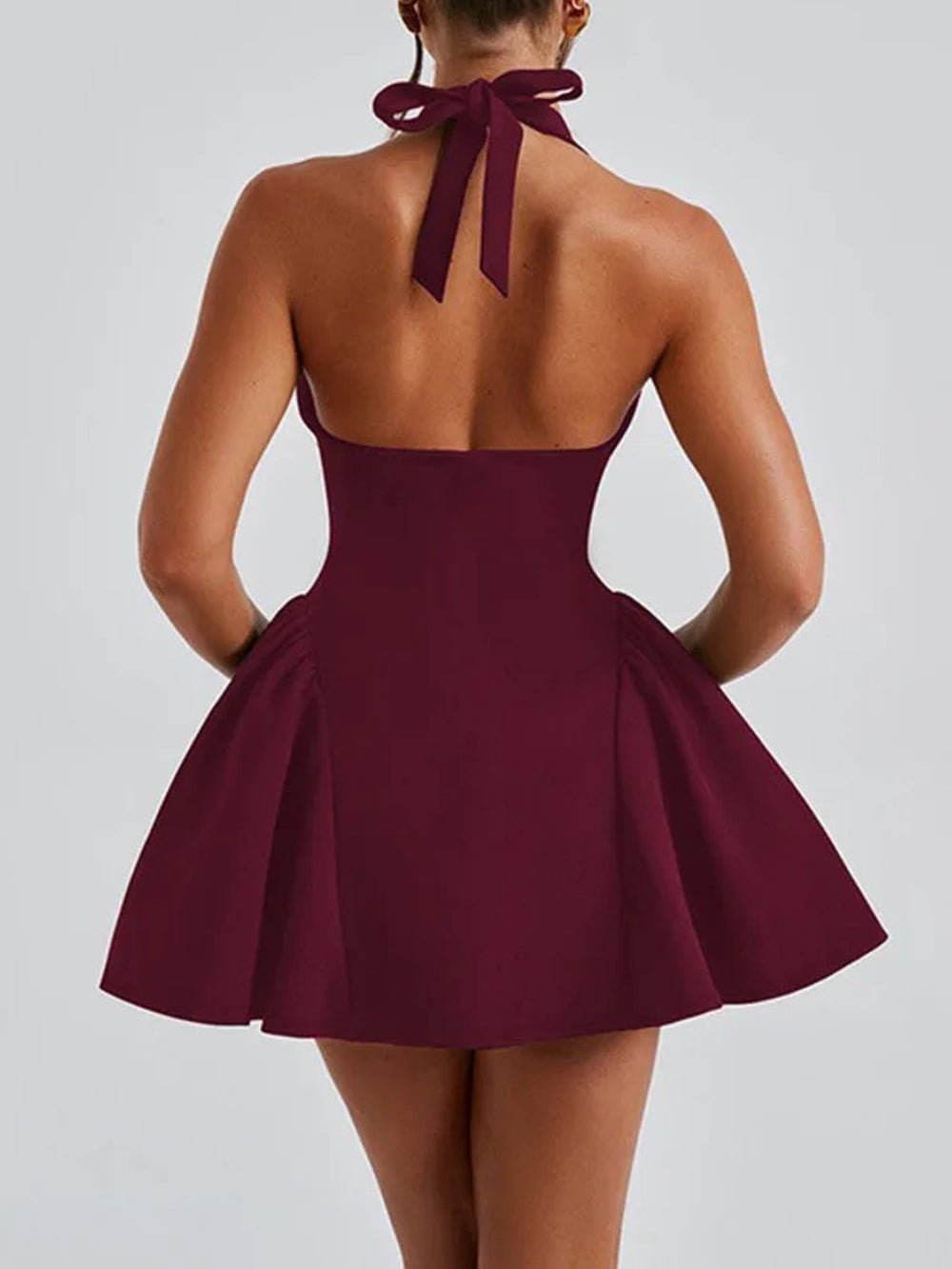 Halter Neck Deep V-Neck Pleated Skater Mini Dress