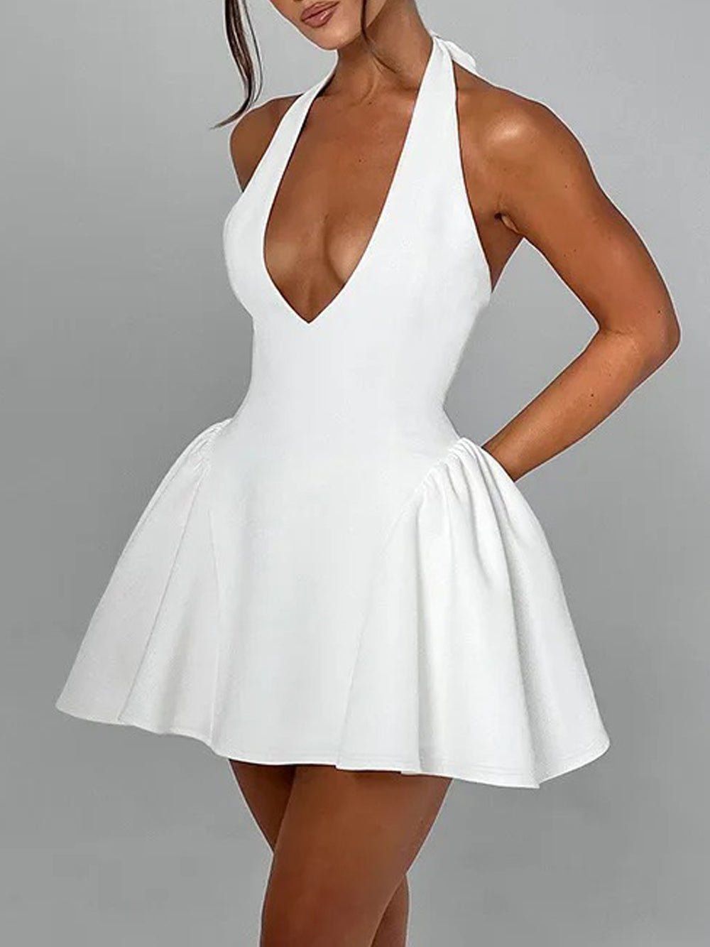 Halter Neck Deep V-Neck Pleated Skater Mini Dress