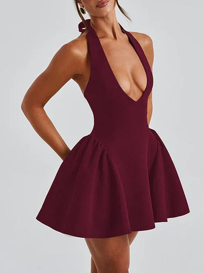 Halter Neck Deep V-Neck Pleated Skater Mini Dress