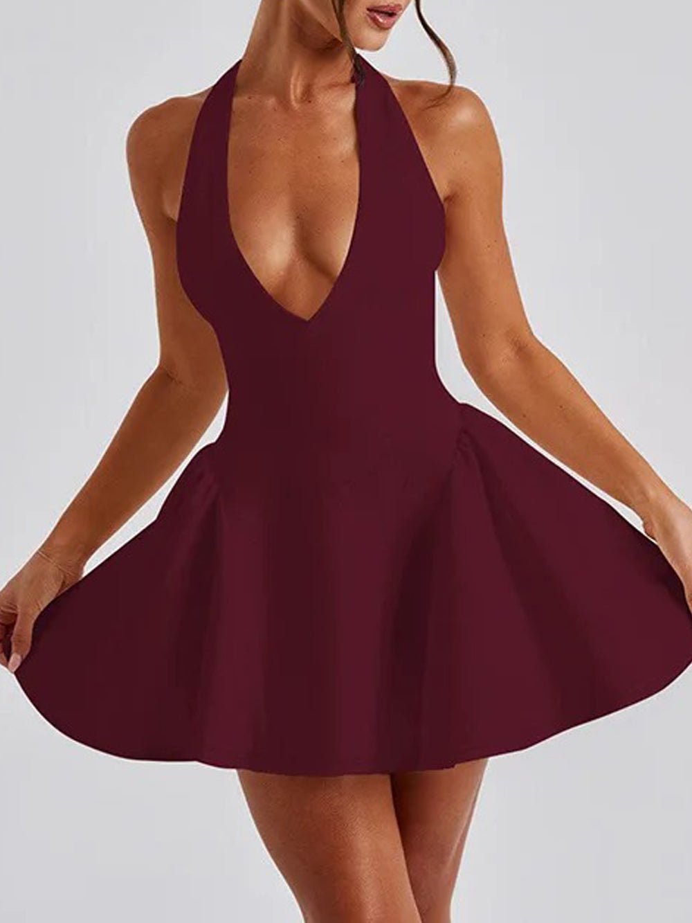Halter Neck Deep V-Neck Pleated Skater Mini Dress
