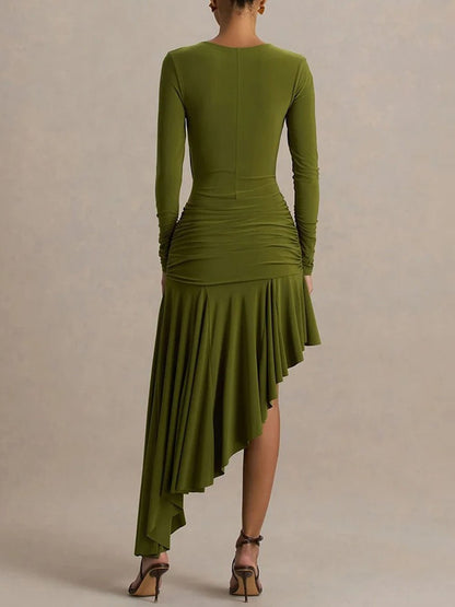 Green Long Sleeve Asymmetric Neck Ring Detail Ruched Drape High Low Bodycon Midi Dress