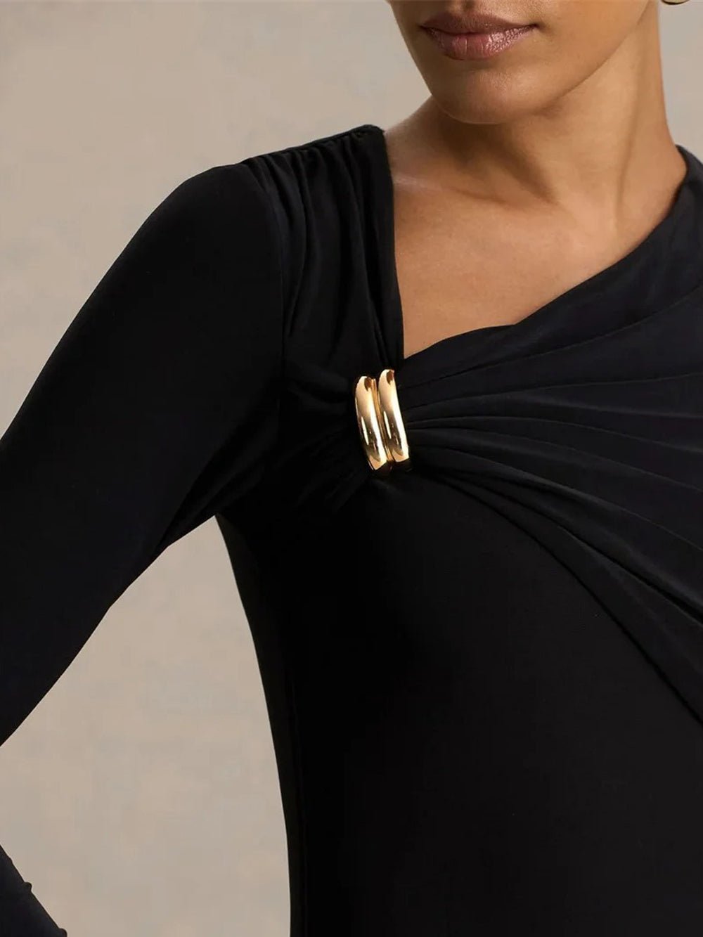 Black Long Sleeve Asymmetric Neck Ring Detail Ruched Drape High Low Bodycon Midi Dress