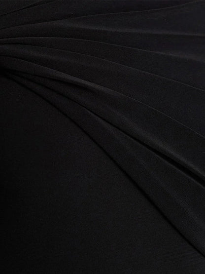 Black Long Sleeve Asymmetric Neck Ring Detail Ruched Drape High Low Bodycon Midi Dress