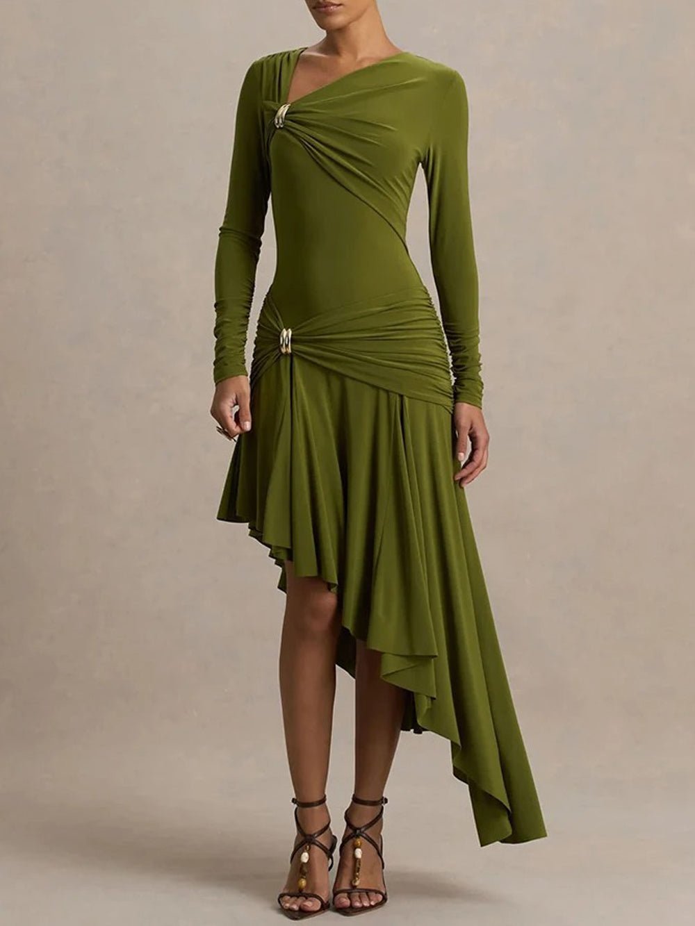 Green Long Sleeve Asymmetric Neck Ring Detail Ruched Drape High Low Bodycon Midi Dress