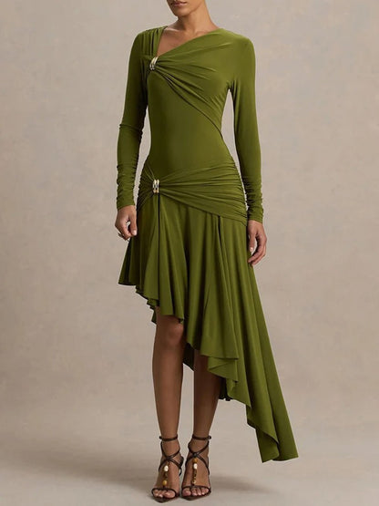 Green Long Sleeve Asymmetric Neck Ring Detail Ruched Drape High Low Bodycon Midi Dress