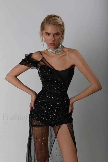 One Shoulder Rhinestone Charming Mesh Maxi Dress