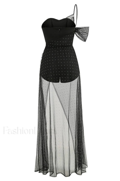 One Shoulder Rhinestone Charming Mesh Maxi Dress
