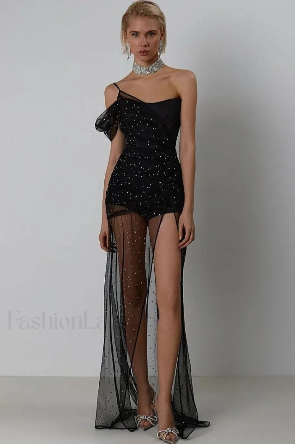 One Shoulder Rhinestone Charming Mesh Maxi Dress