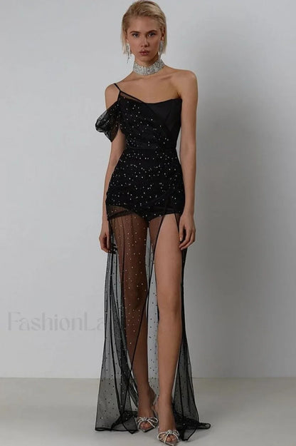 One Shoulder Rhinestone Charming Mesh Maxi Dress