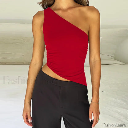 One Shoulder Solid Color Lace-Up Irregular Short Crop Top