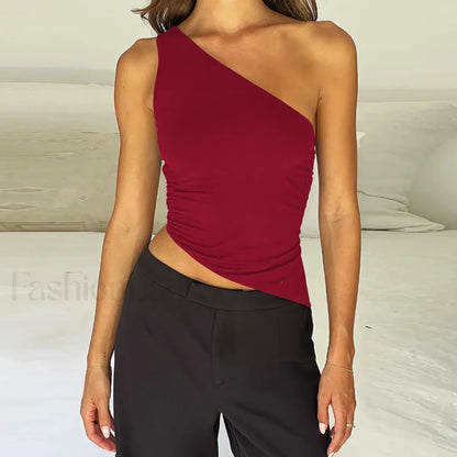 One Shoulder Solid Color Lace-Up Irregular Short Crop Top