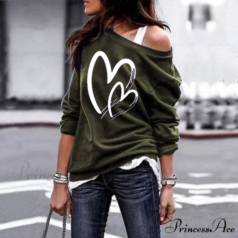 One Sweatshirt Tops Patterned Women's Heart Shoulder Casual Pullover Top