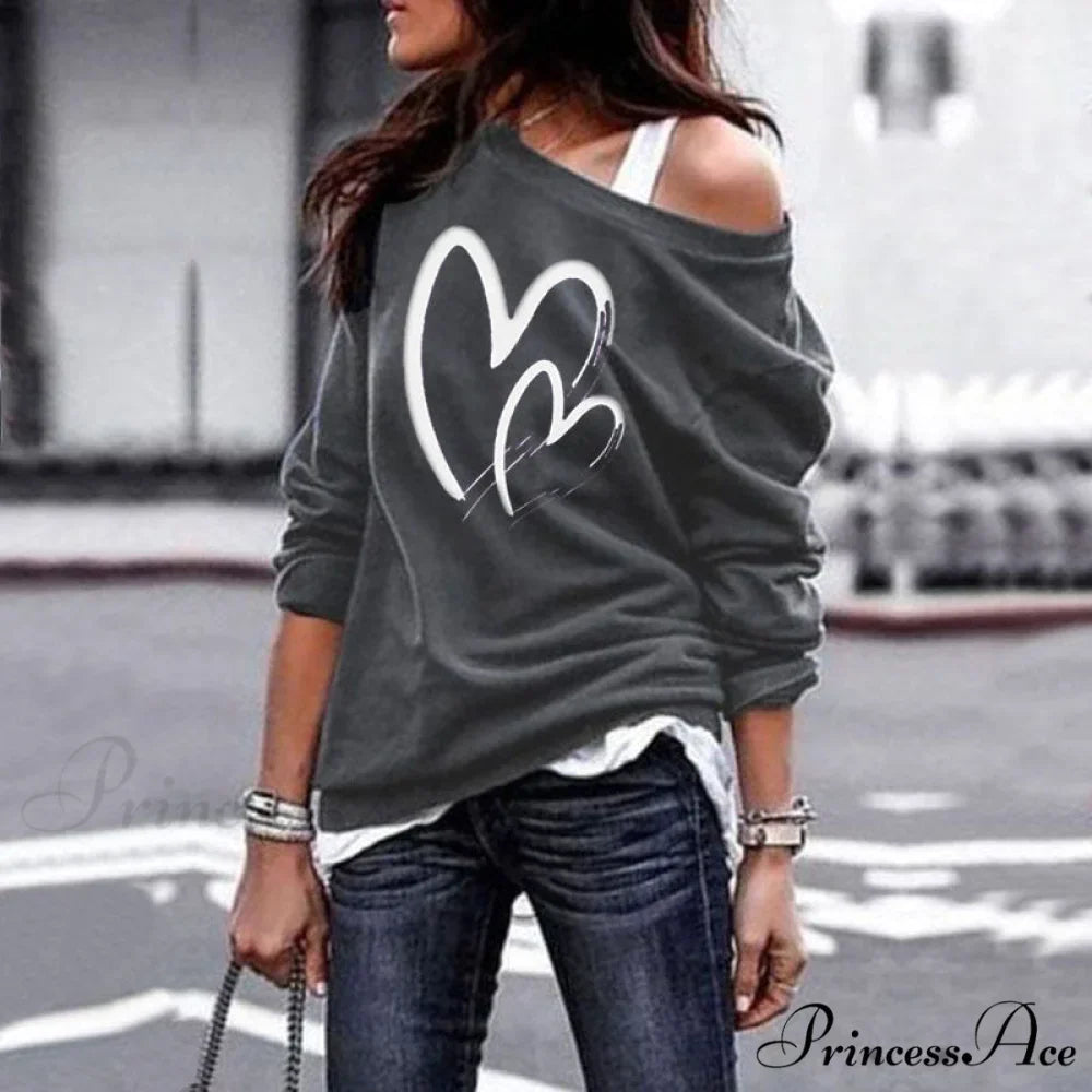 One Sweatshirt Tops Patterned Women's Heart Shoulder Casual Pullover Top