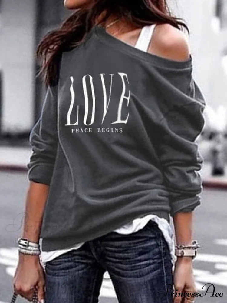 One Sweatshirt Tops Patterned Women's Heart Shoulder Casual Pullover Top
