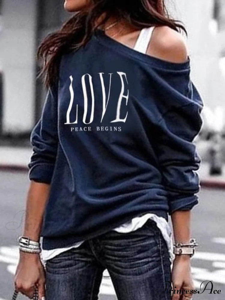 One Sweatshirt Tops Patterned Women's Heart Shoulder Casual Pullover Top