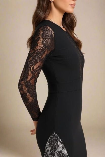 Classic Black Floral Lace Panel Long Sleeve Bodycon Midi Dress
