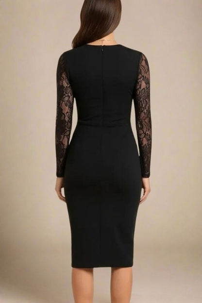 Classic Black Floral Lace Panel Long Sleeve Bodycon Midi Dress