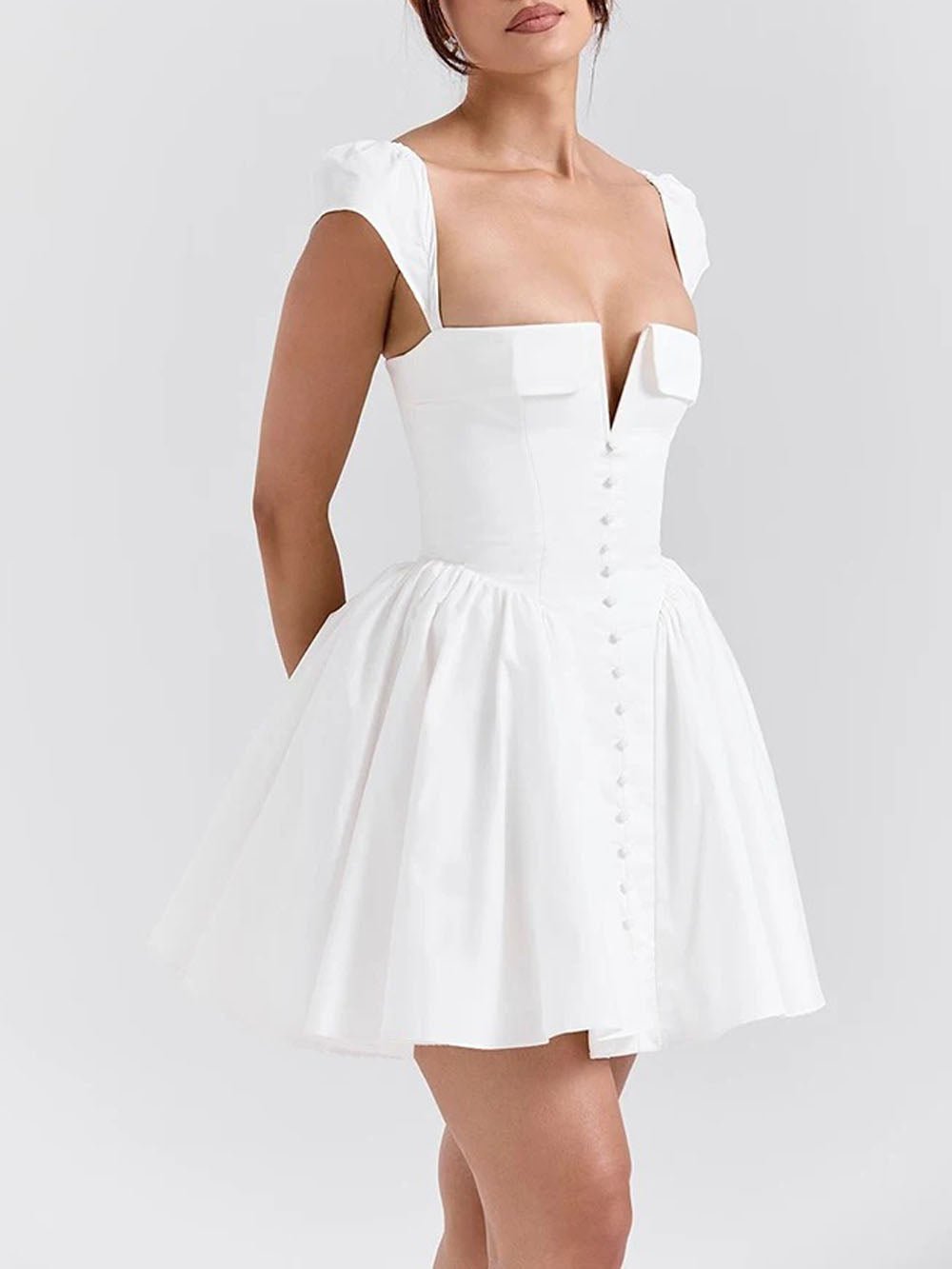 White Deep V-Neck Corset Button Front Puff Sleeve Pleated Fit and Flare Mini Dress