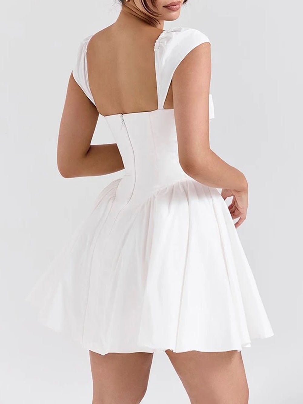 White Deep V-Neck Corset Button Front Puff Sleeve Pleated Fit and Flare Mini Dress