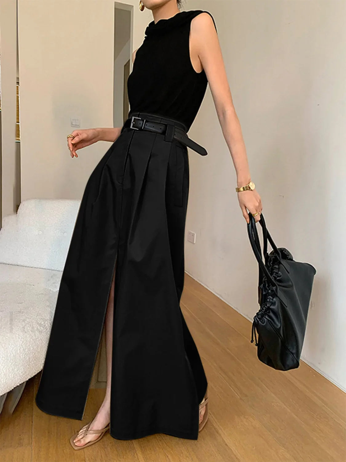 High-Waist Pleated Flared Elegant Midi Skirt