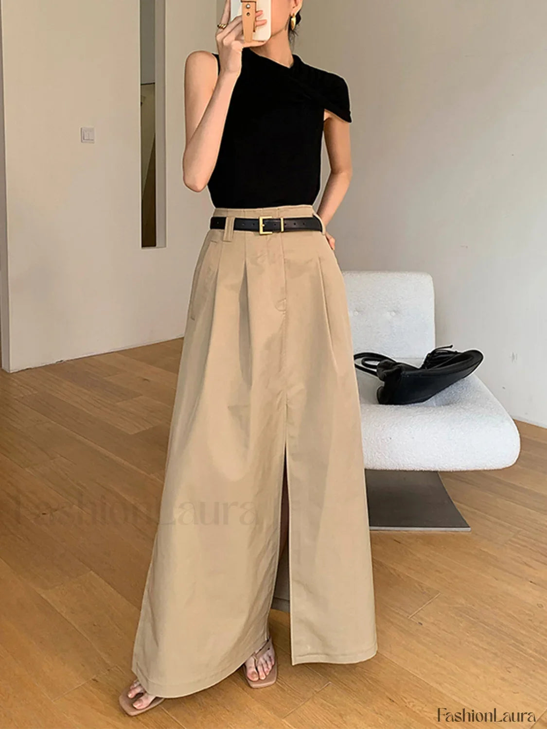 High-Waist Pleated Flared Elegant Midi Skirt