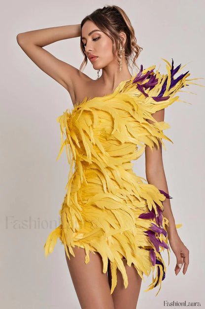 Paislee Asymmetric Stylish Feather Mini Dress