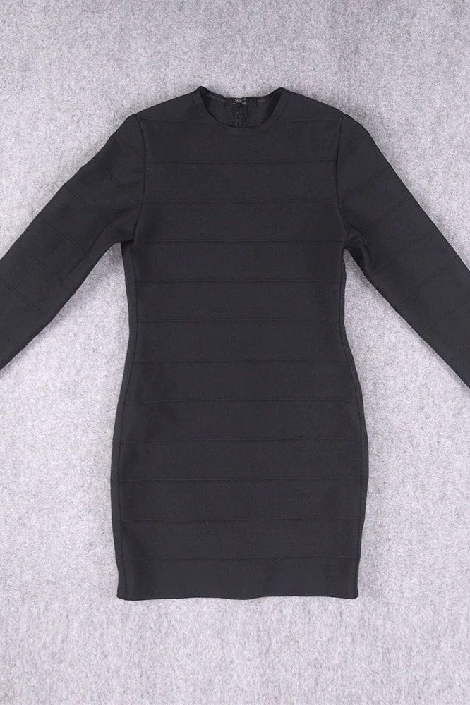 Classic Black Long Sleeve Crew Neck Bandage Bodycon Mini Dress