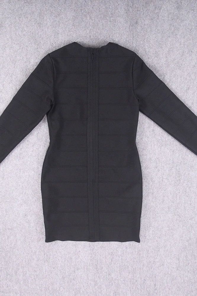 Classic Black Long Sleeve Crew Neck Bandage Bodycon Mini Dress