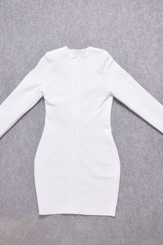 Pearl White Long Sleeve Crew Neck Bandage Bodycon Mini Dress