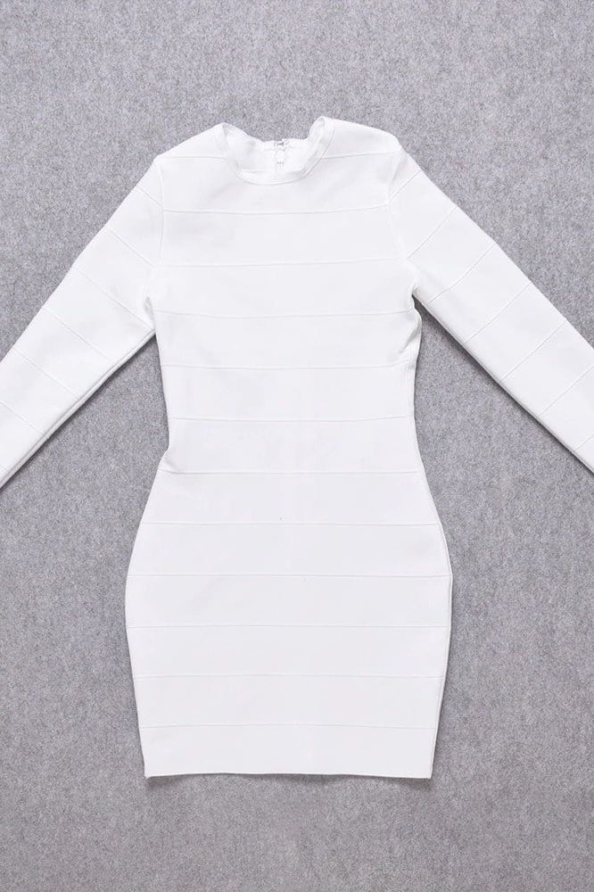 Pearl White Long Sleeve Round Neck Panel Bandage Bodycon Mini Dress