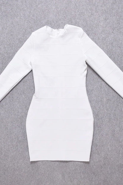 Pearl White Long Sleeve Round Neck Panel Bandage Bodycon Mini Dress