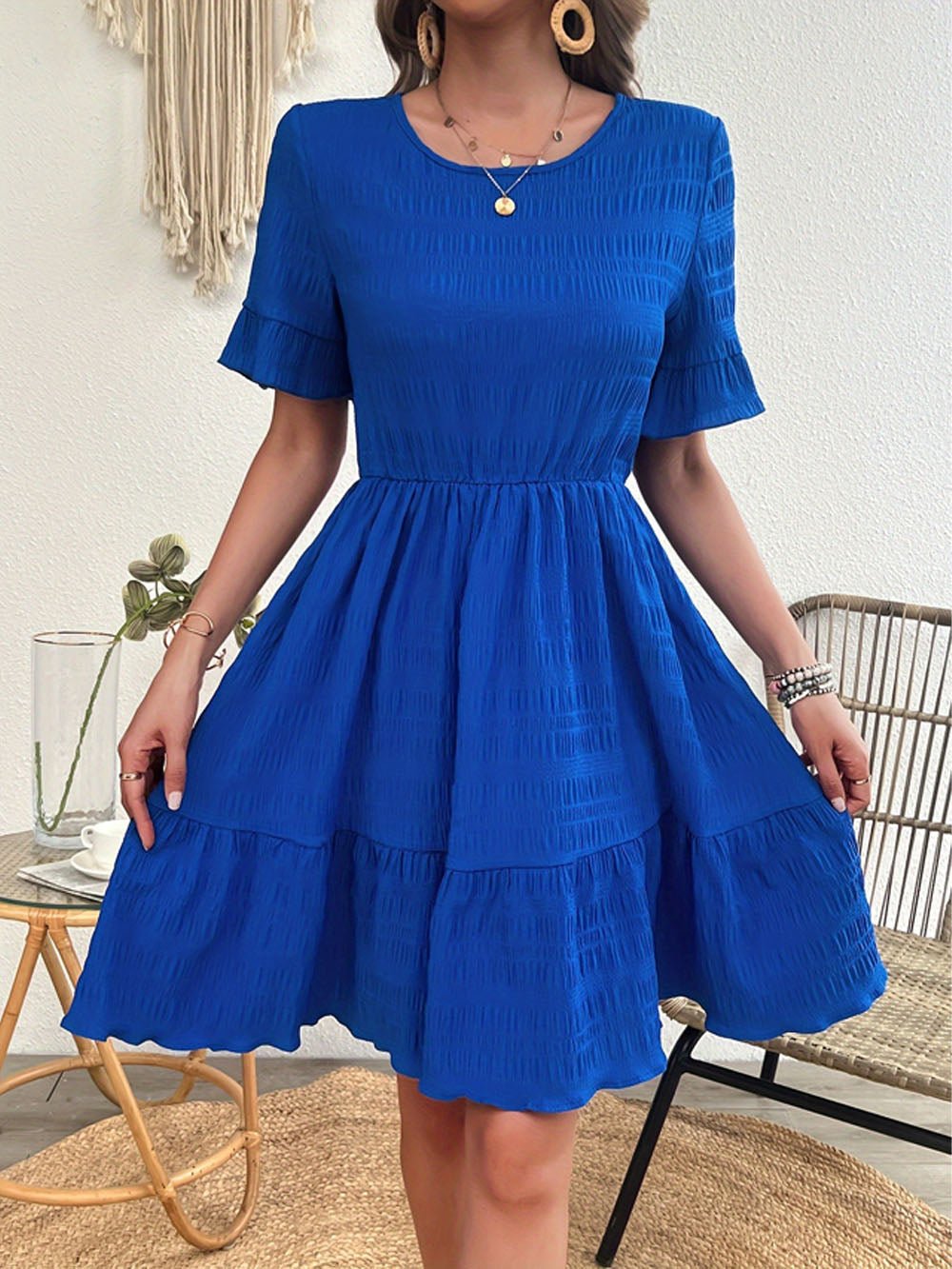 Blue Crew Neck Flutter Sleeve Elastic Waist Ruffle Hem Tiered Mini Dress
