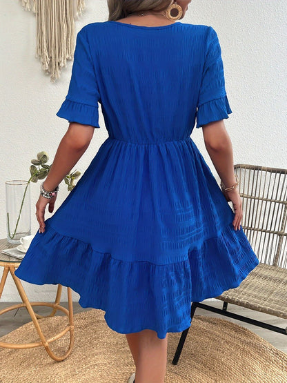 Blue Crew Neck Flutter Sleeve Elastic Waist Ruffle Hem Tiered Mini Dress