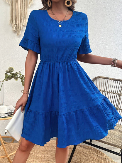 Blue Crew Neck Flutter Sleeve Elastic Waist Ruffle Hem Tiered Mini Dress