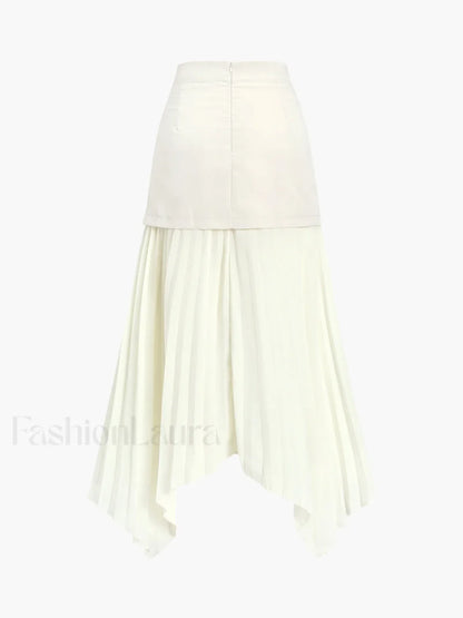 Patchwork Asymmetrical Pleated Buttoned Midi Skirt