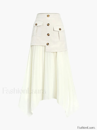 Patchwork Asymmetrical Pleated Buttoned Midi Skirt