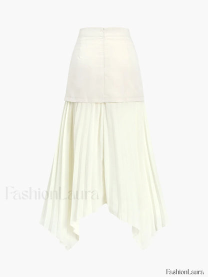 Patchwork Asymmetrical Pleated Buttoned Midi Skirt