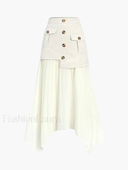 Patchwork Asymmetrical Pleated Buttoned Midi Skirt