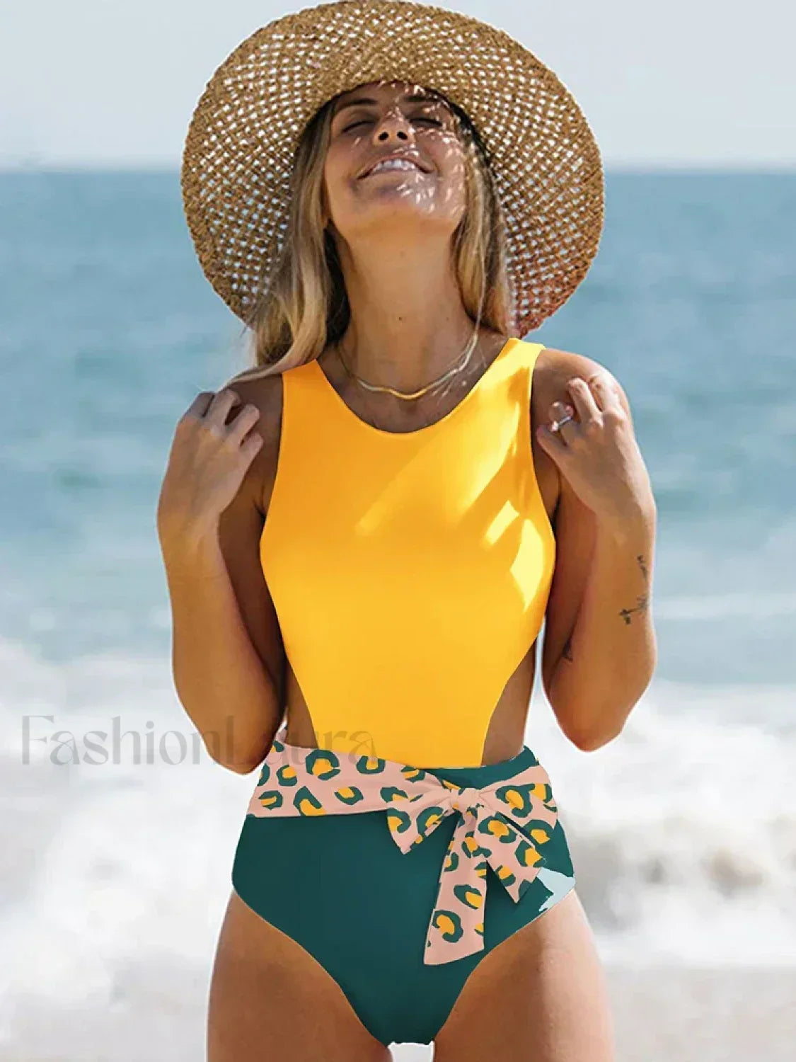 Patchwork Lace Up Backless One Piece
