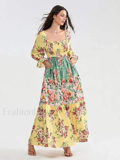 Patchwork Puff Sleeve Boho Dress
