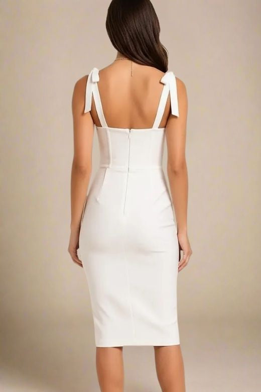 Pearl White Lace Trim Bustier Tie Shoulder Strap Bandage Bodycon Midi Dress