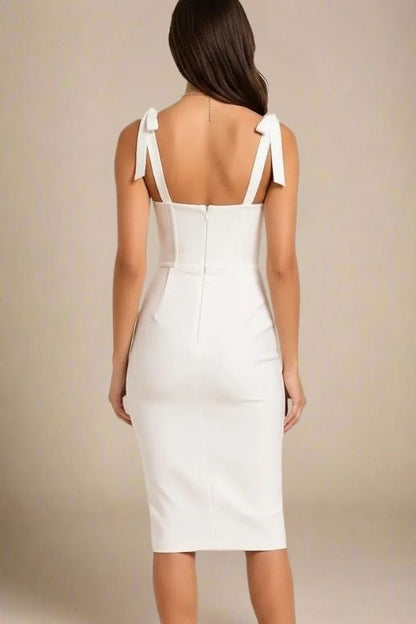 Pearl White Lace Trim Bustier Tie Shoulder Strap Bandage Bodycon Midi Dress