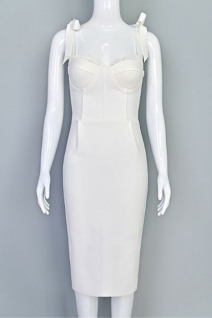 Pearl White Lace Trim Bustier Tie Shoulder Strap Bandage Bodycon Midi Dress