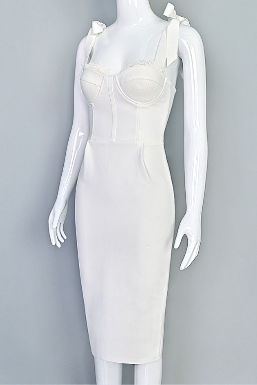 Pearl White Lace Trim Bustier Tie Shoulder Strap Bandage Bodycon Midi Dress