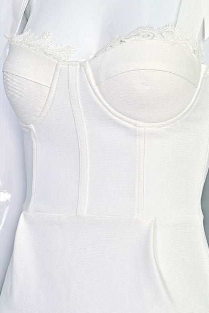 Pearl White Lace Trim Bustier Tie Shoulder Strap Bandage Bodycon Midi Dress