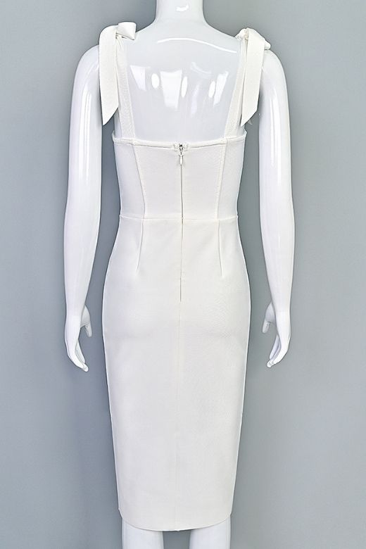 Pearl White Lace Trim Bustier Tie Shoulder Strap Bandage Bodycon Midi Dress