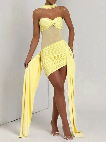Strapless Sweetheart Mesh Waist Ruched Panel Train Mini Dress