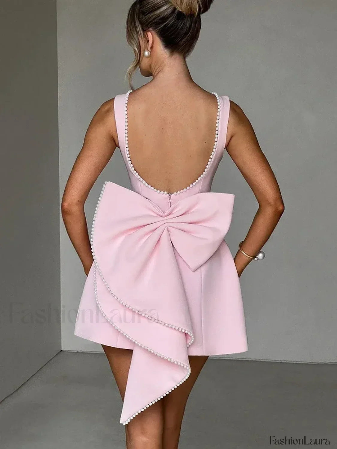 Pearl Bow Sleeveless Mini Dress